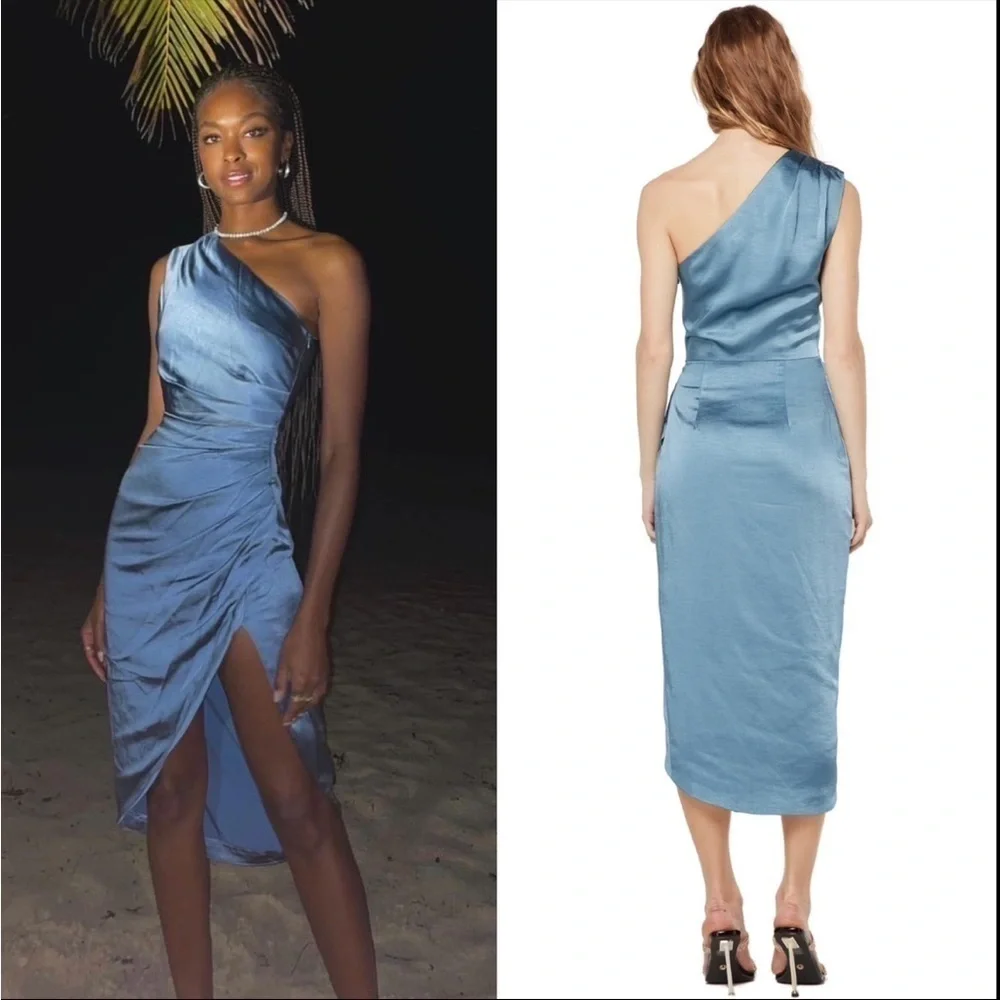 NWT ELLIATT 90s Ruched Satin Sleeveless 1 Shoulder Tulip Wrap Hem Midi Dress‎ XS